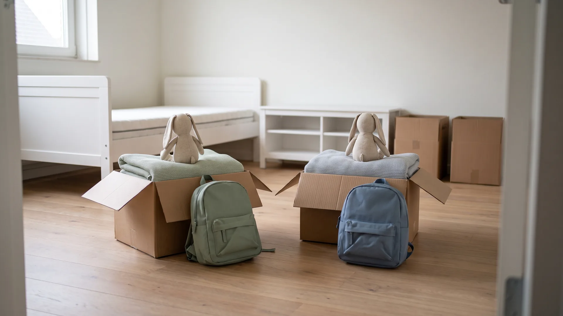 Twee bijna gelijke sets kinderspullen, elk met een rugzakje, een dekentje en een knuffel, bij twee open verhuisdozen in een lichte kinderkamer.