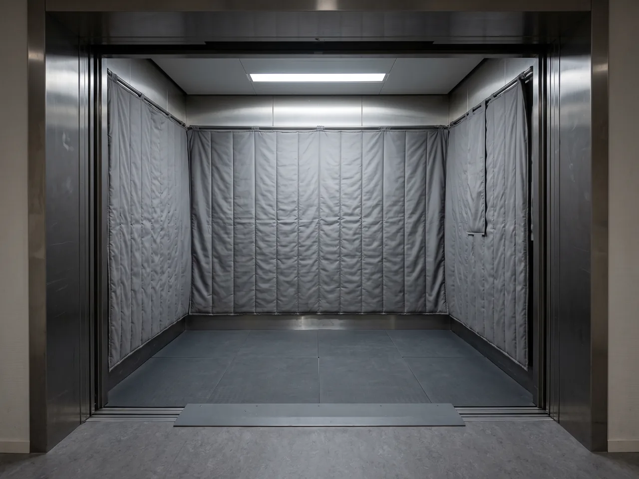 Lege goederenlift met open deuren, vloer- en wandbescherming en een drempelplaat op de gangvloer voor de lift.