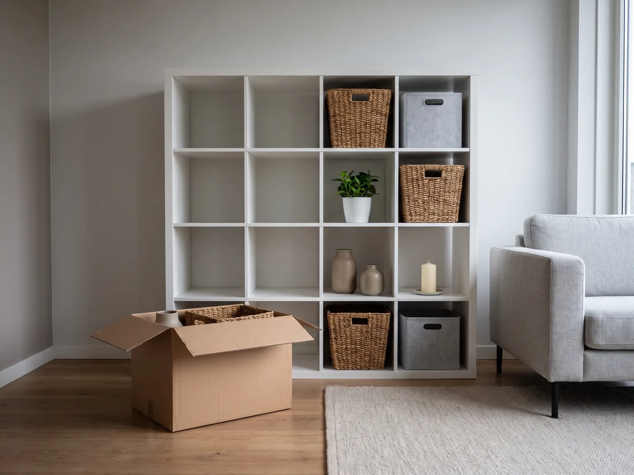 Een half leeggemaakte vakkenkast in een woonkamer, met een open verhuisdoos voor de lege vakken.
