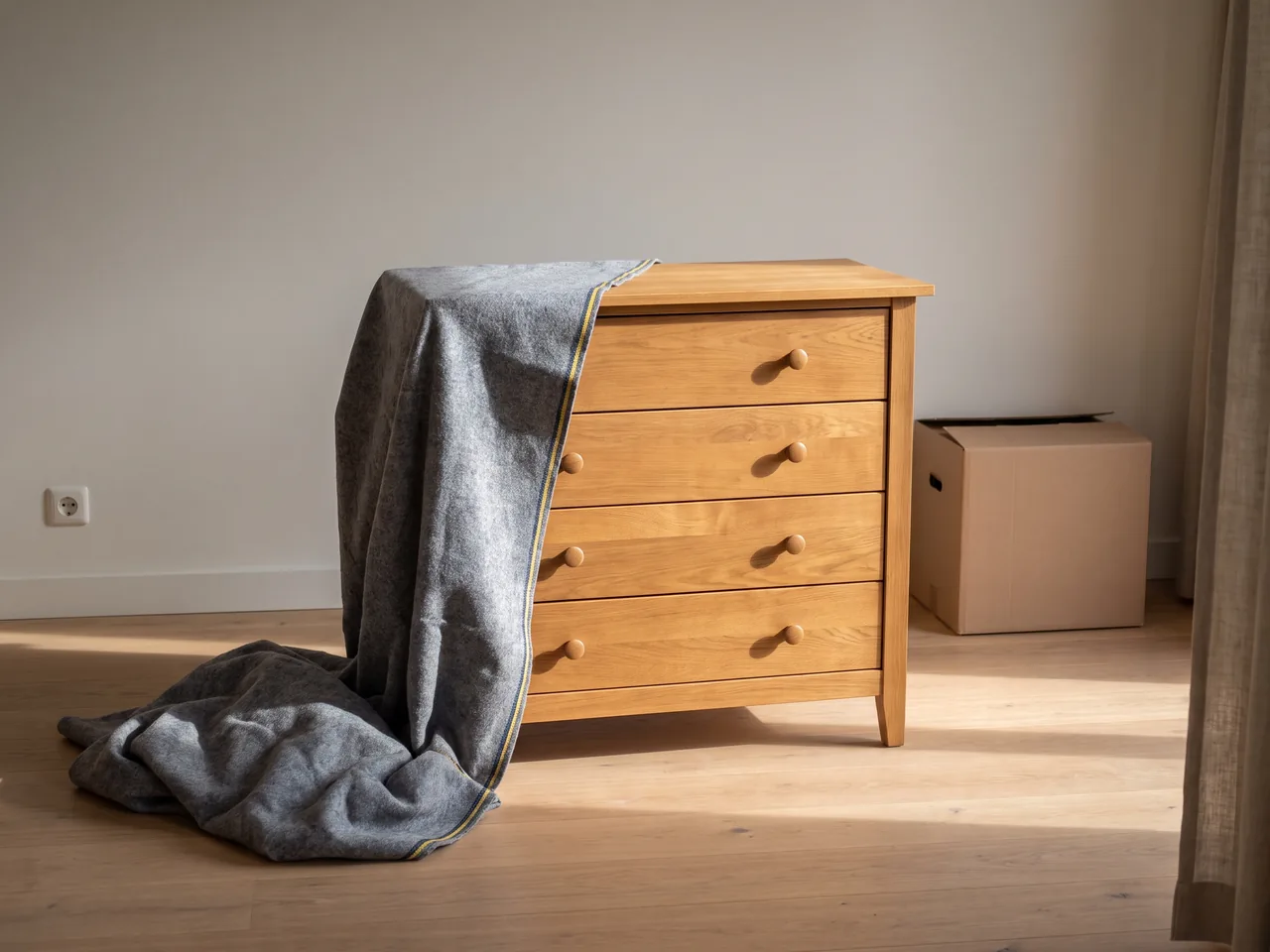 Houten ladekast met een half afgenomen grijze verhuisdeken, naast een verhuisdoos in een kamer met houten vloer.