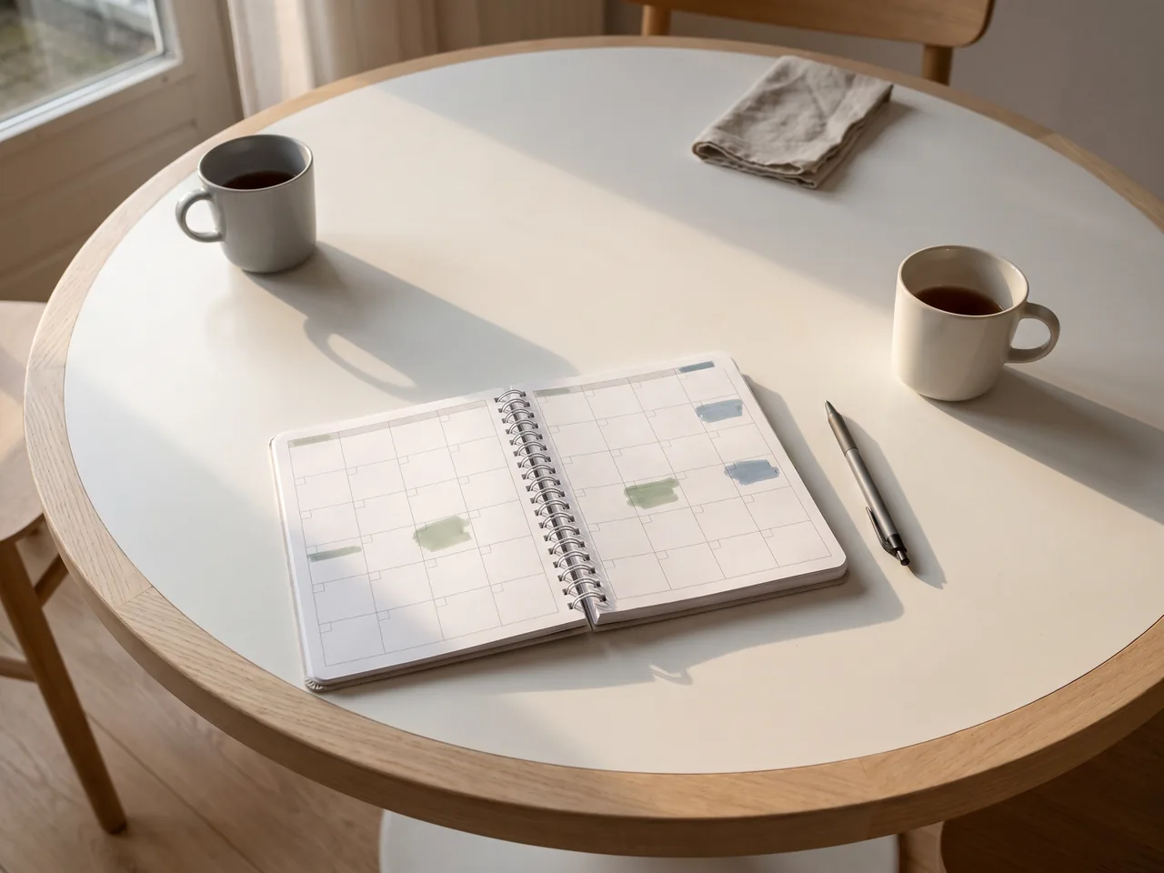 Een open weekplanner met lege vakken en een pen op een keukentafel, met aan elke kant een kopje.