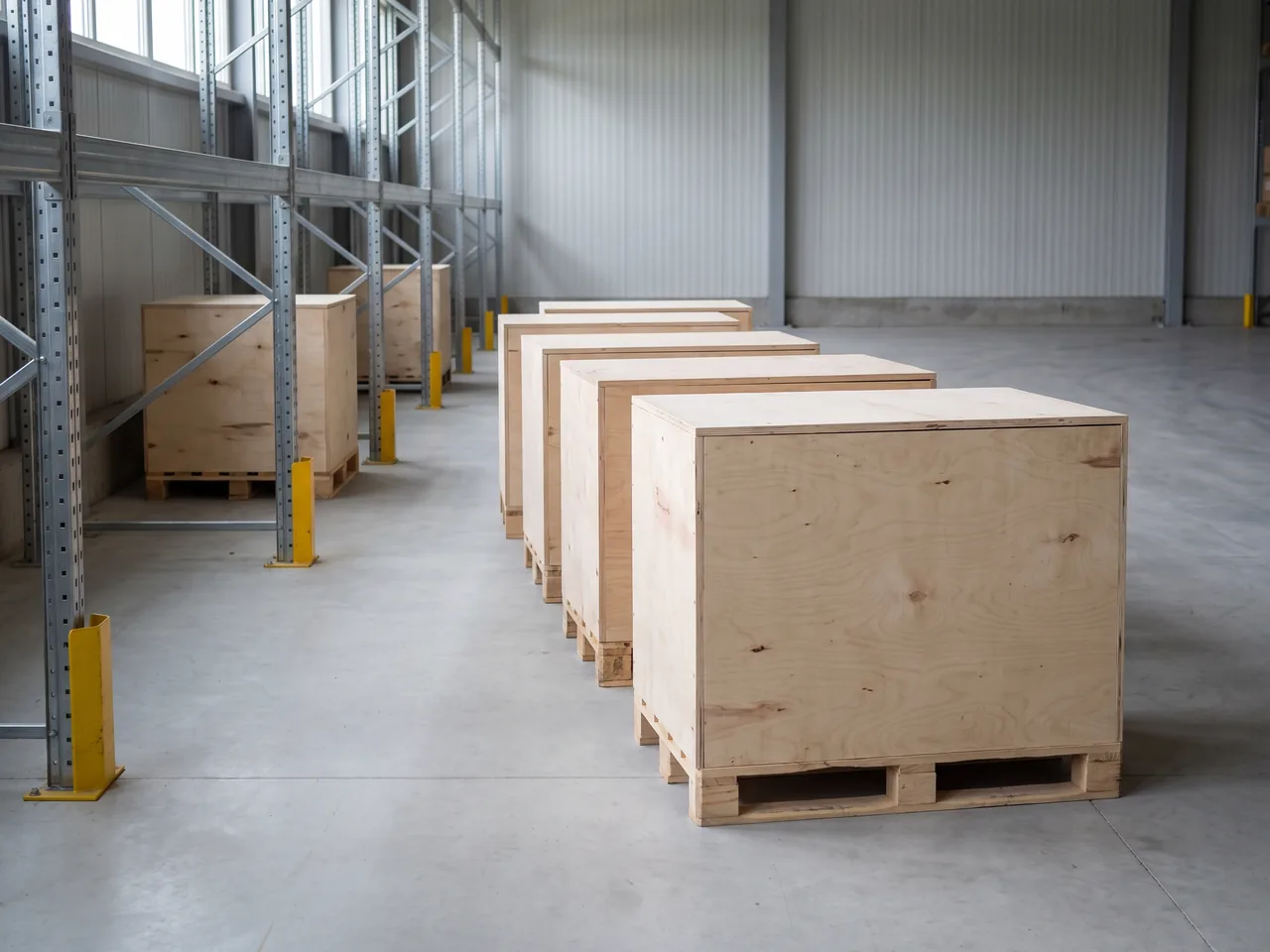 Gesloten houten opslagkisten op pallets in een rij in een opslaghal met stellingen.