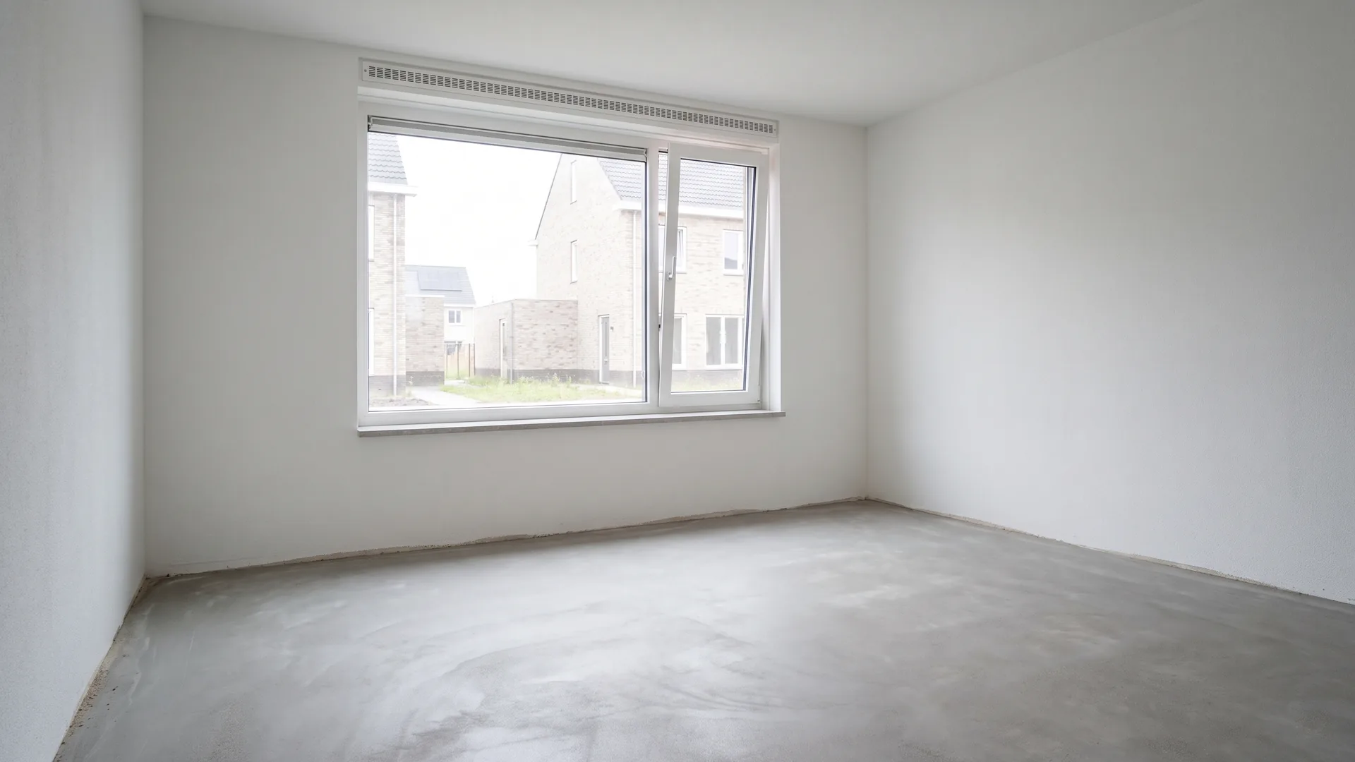 Lege woonkamer van een net opgeleverde nieuwbouwwoning met een kale dekvloer en een raam op een kier.
