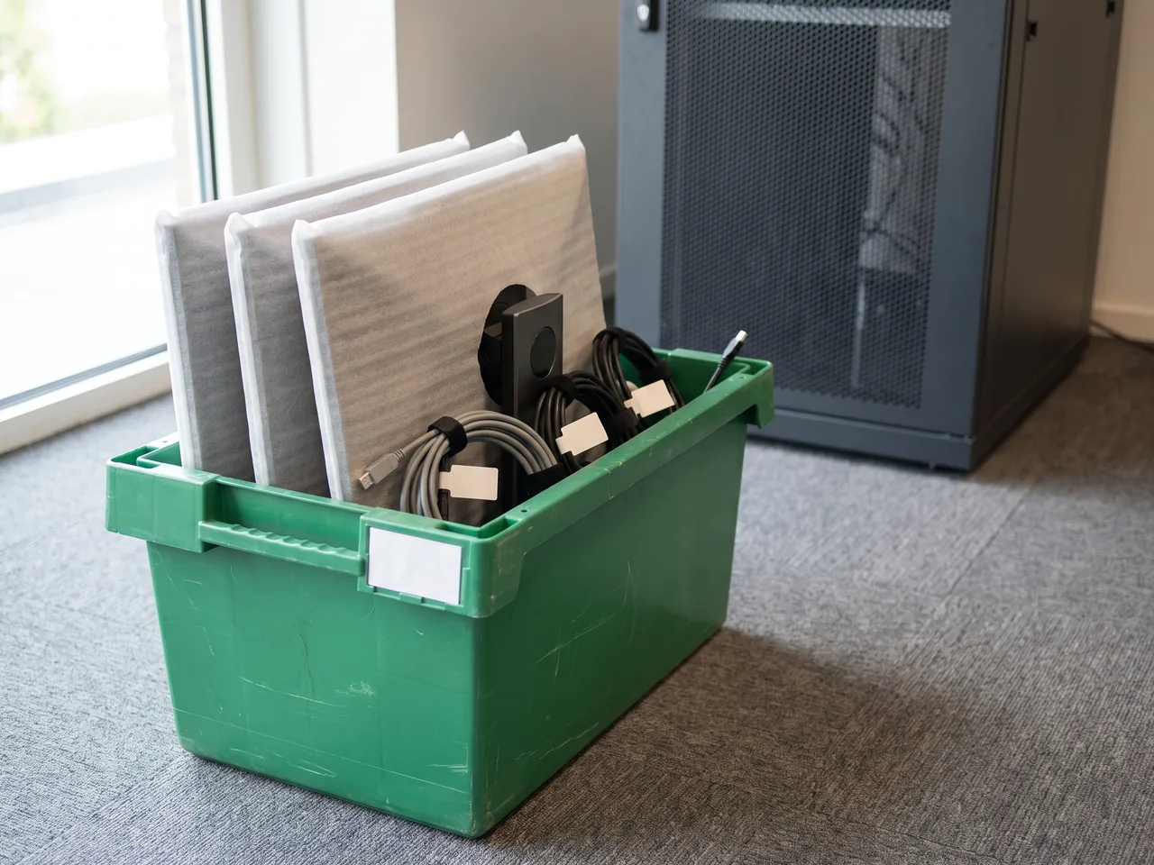 Open groene verhuiskrat met ingepakte beeldschermen en gebundelde kabels met blanco labels naast een netwerkkast met geperforeerde deur.