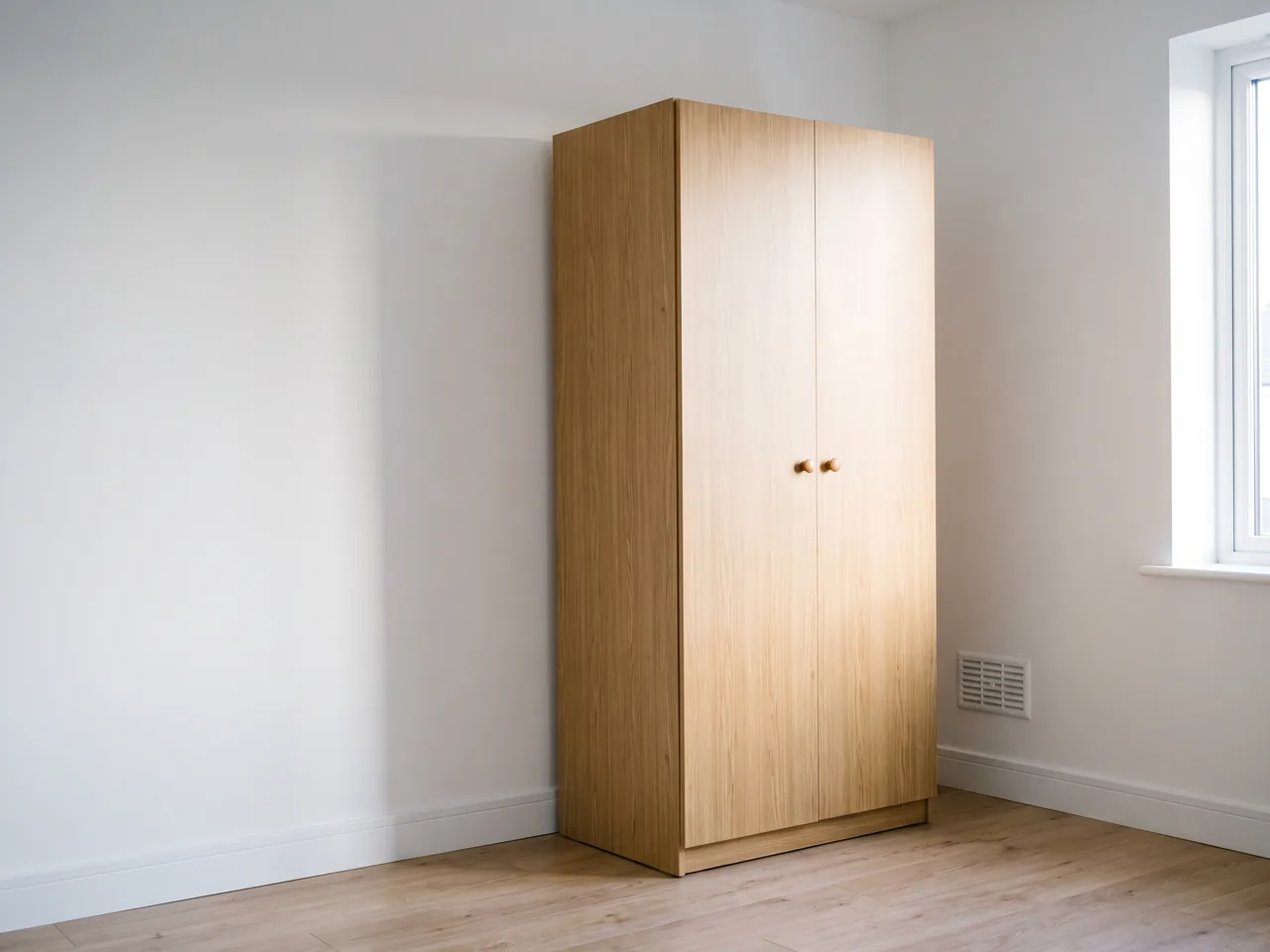 Hoge eiken kledingkast met twee dichte deuren in de slaapkamer van een nieuwe woning.