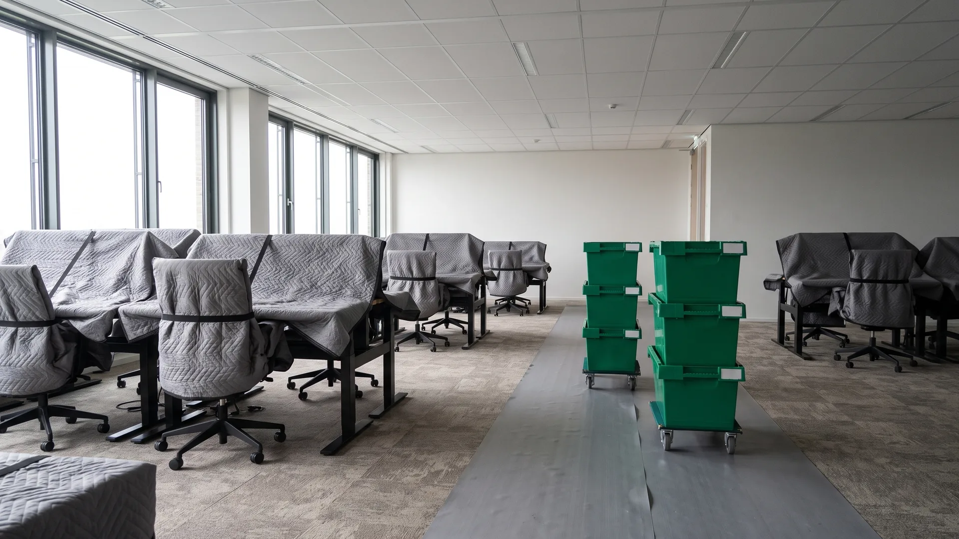 Kantoorvloer op de verhuisdag met bureaus en stoelen in verhuisdekens en groene verhuiskratten op rolplateaus op een strook vloerbescherming.