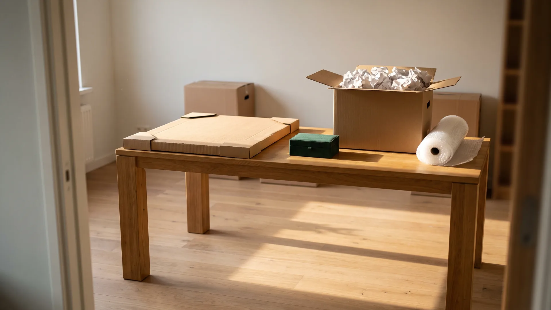 Ingepakt schilderij, groen sieradenkistje, open verhuisdoos met verfrommeld pakpapier en een rol noppenfolie op een houten eettafel.