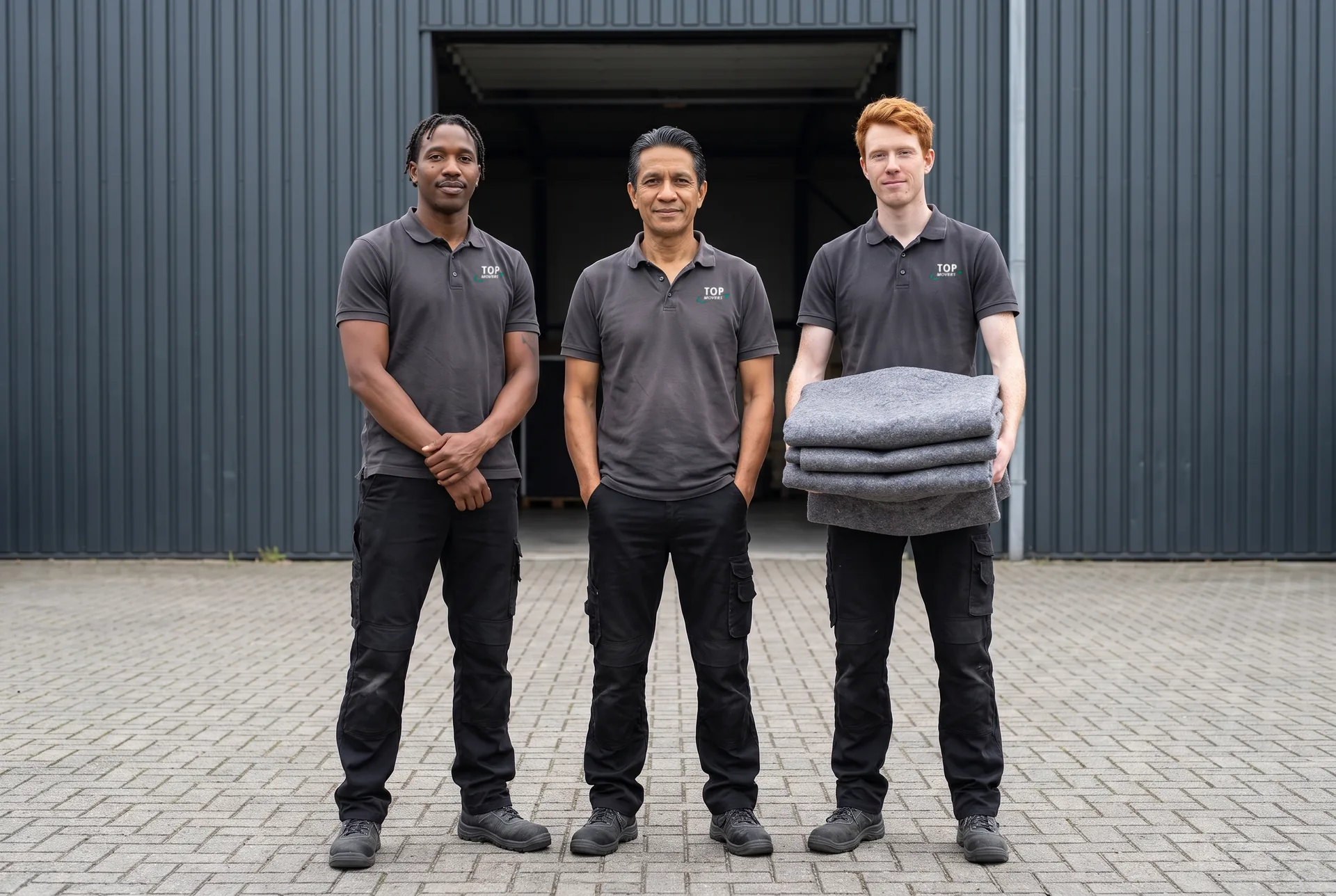 Drie verhuizers in polo van Top Movers voor een opslaghal, een van hen met gevouwen verhuisdekens