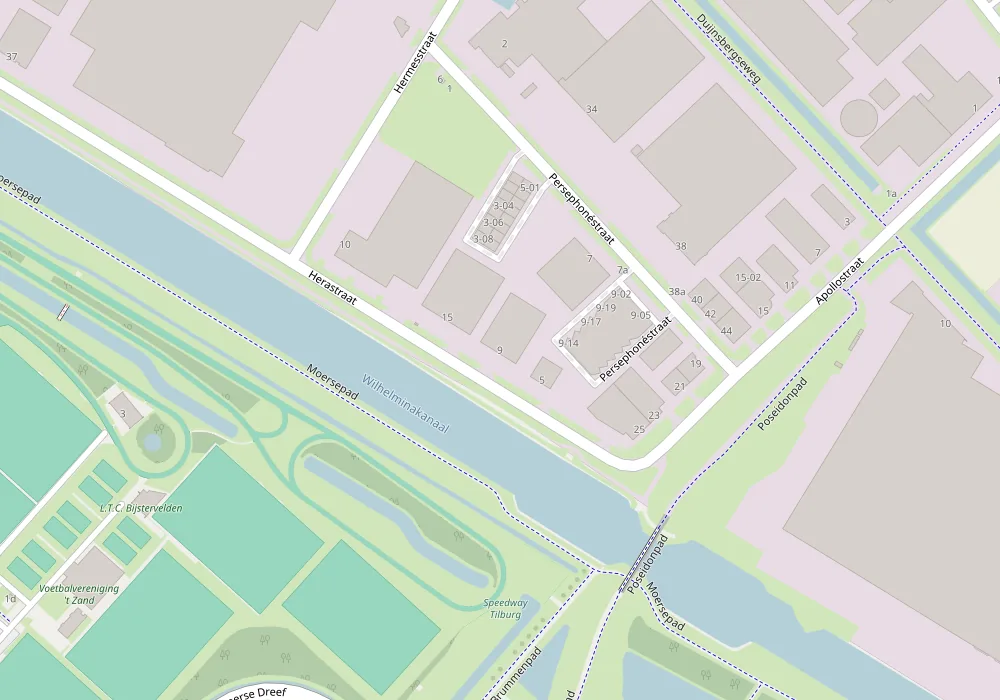 Kaart van bedrijventerrein Vossenberg in Tilburg met in het midden het hoofdkantoor van De Bresser aan de Herastraat 9, langs het Wilhelminakanaal