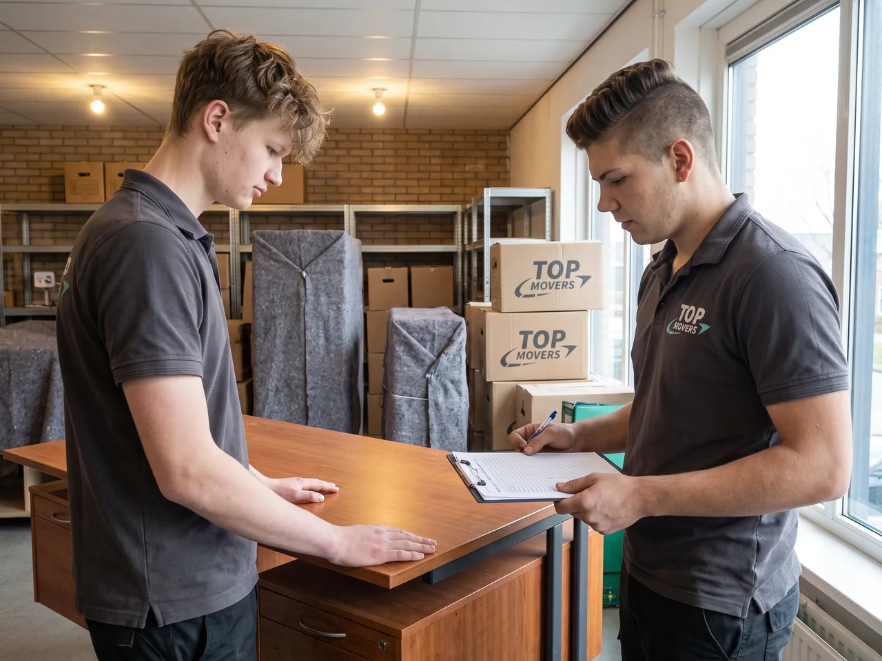 Twee medewerkers van De Bresser beoordelen een gebruikt bureau en noteren de staat