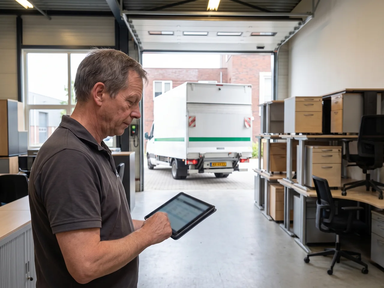 Medewerker van De Bresser werkt de meubellijst bij op een tablet in de hal, de bakwagen staat voor de open deur