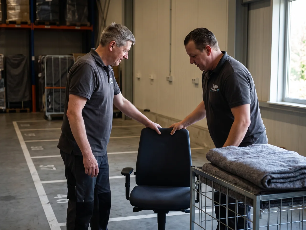 Twee medewerkers van De Bresser zetten een bureaustoel op een vaste plek in de opslaghal