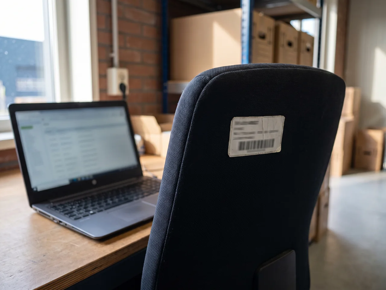 Bureaustoel met een label met streepjescode naast een laptop met het overzicht van het opgeslagen meubilair