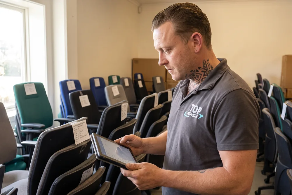 Medewerker van De Bresser vergelijkt op een tablet de labels van opgeslagen bureaustoelen met het meubelpaspoort