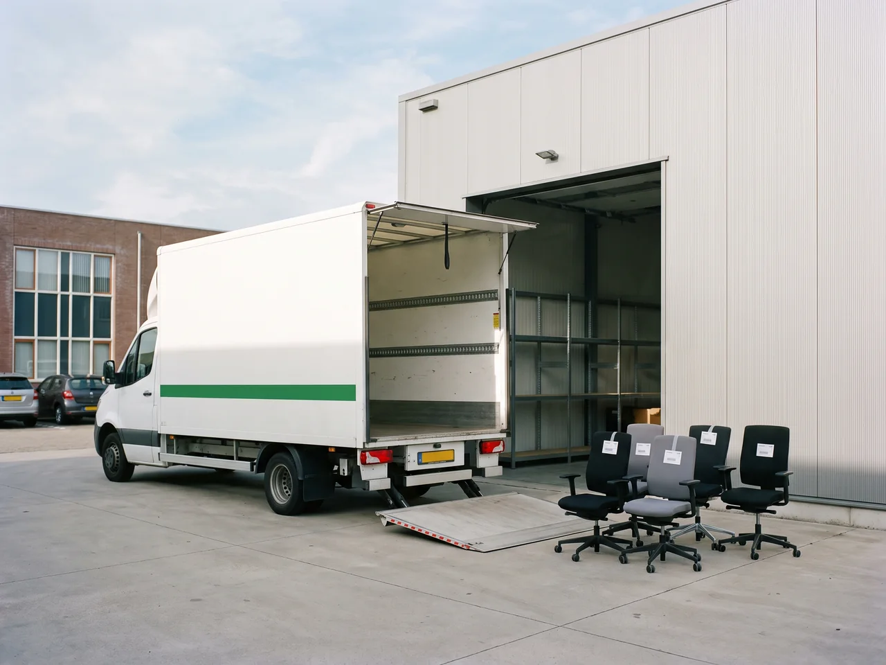 Bakwagen met de laadklep omlaag voor de opslaghal, gelabelde bureaustoelen staan klaar om geladen te worden