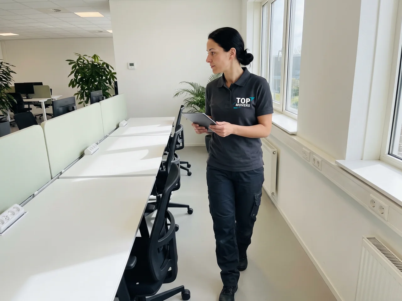 Medewerkster van De Bresser loopt met een tablet langs een rij opgeruimde werkplekken met groene scheidingswanden