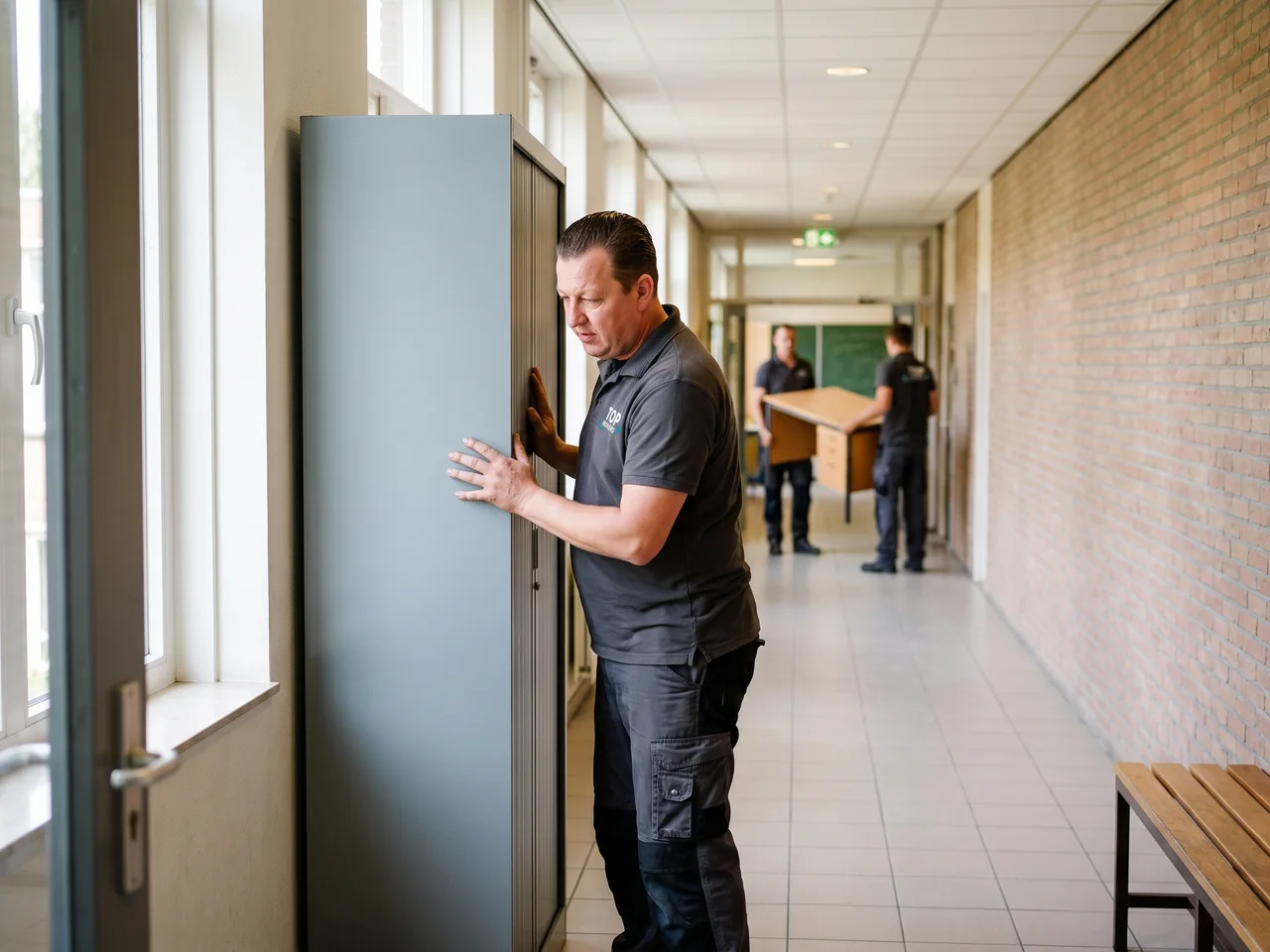 Handyman van De Bresser zet een hoge kast recht tegen de wand in een schoolgang, verderop dragen twee verhuizers een bureau