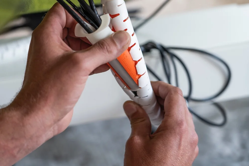 Handen van een medewerker van De Bresser werken de kabels van een werkplek weg in een kabelslang