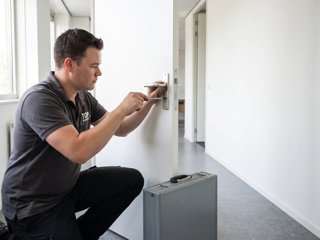 Handyman van De Bresser zet de deurkruk van een kantoordeur vast