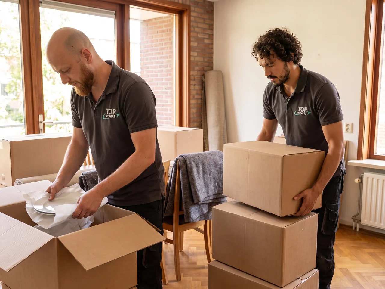 Twee verhuizers pakken servies en verhuisdozen in