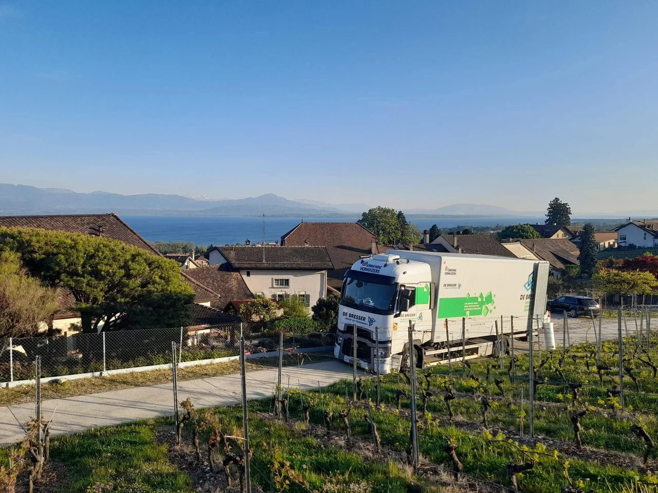 Verhuiswagen van De Bresser tussen de wijngaarden boven een meer met bergen aan de overkant