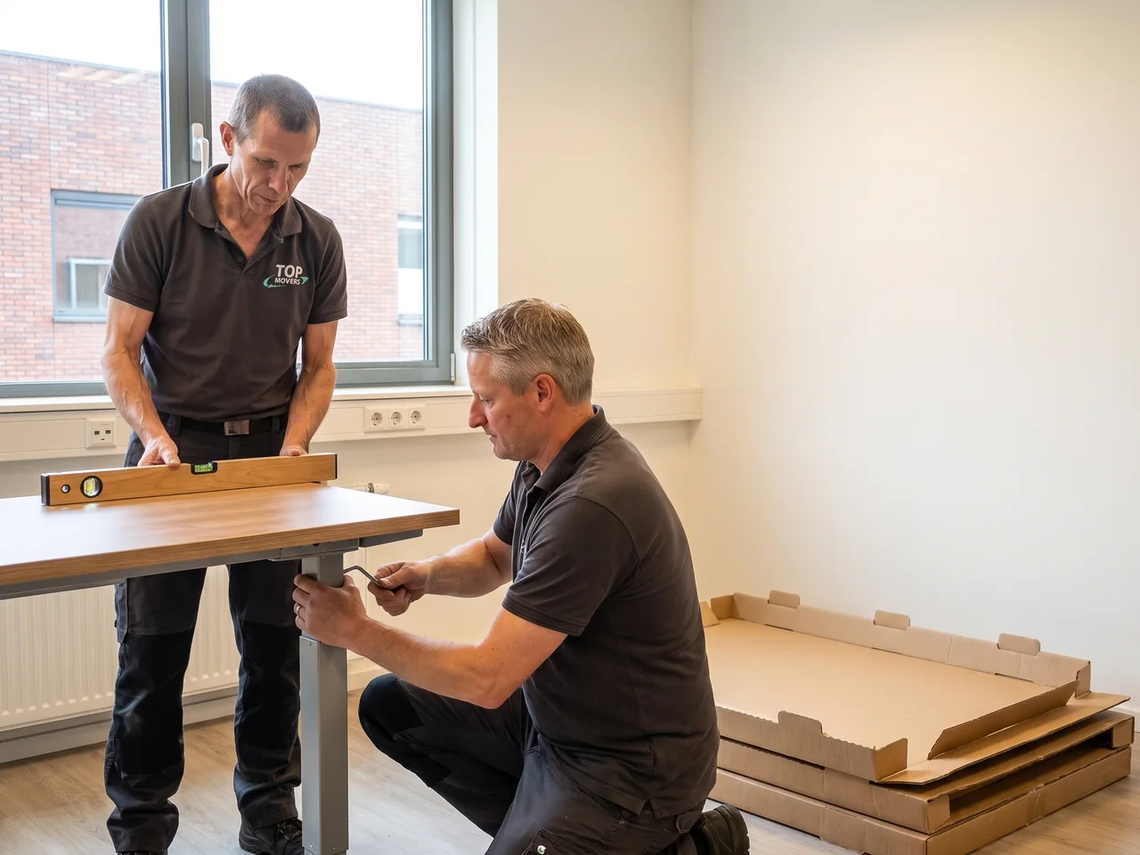 Twee medewerkers van De Bresser zetten een bureau in elkaar in een lichte kantoorruimte, met de verpakking plat op de vloer