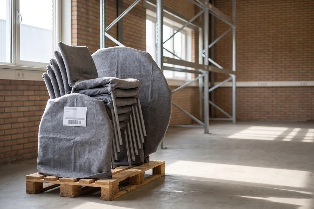 Veilingkavel met gestapelde stoelen en een tafelblad in grijze verhuisdekens op een pallet in het magazijn