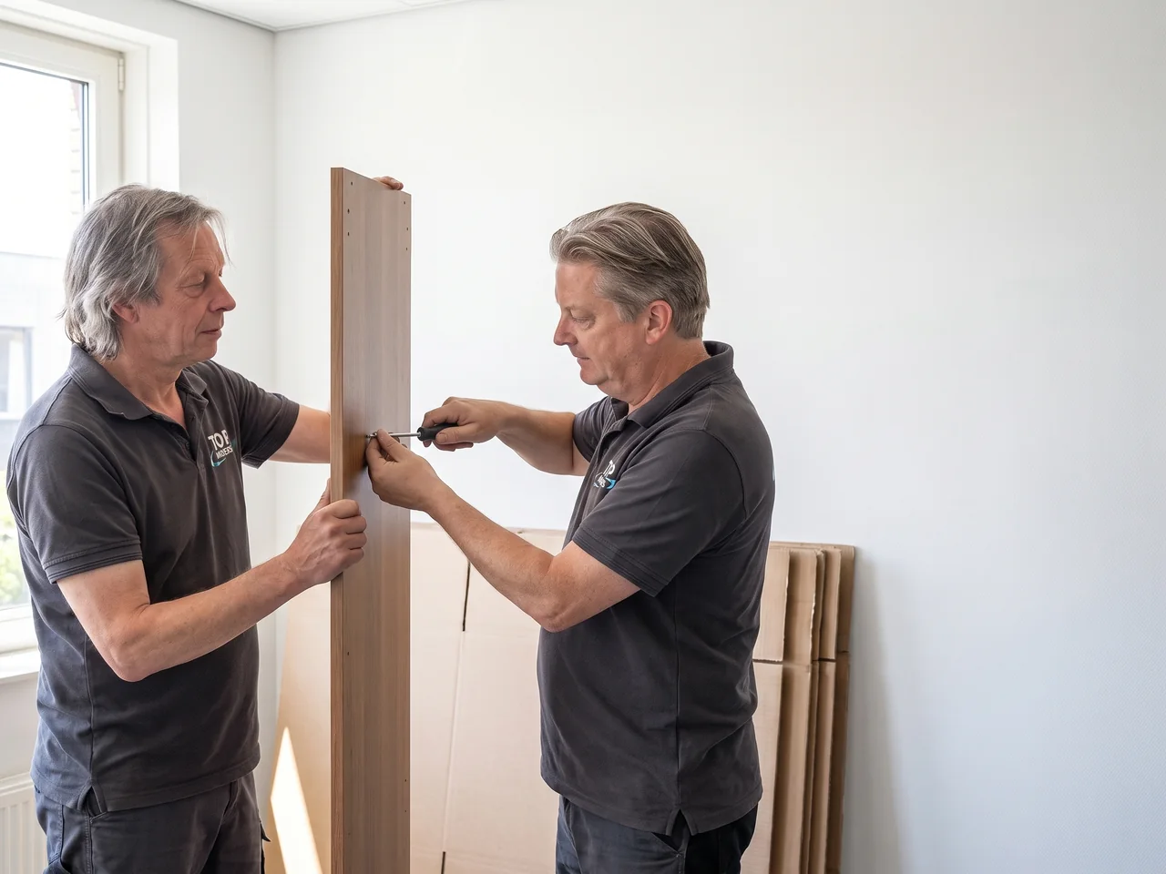 Twee medewerkers van De Bresser monteren een hoge kast in een bedrijfsruimte, met de verpakking gevouwen tegen de wand