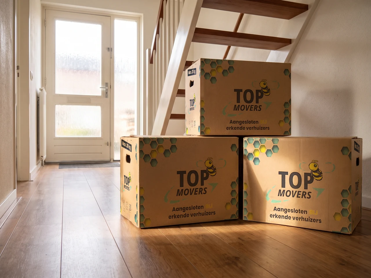 Top Movers-verhuisdozen in een hal bij de trap