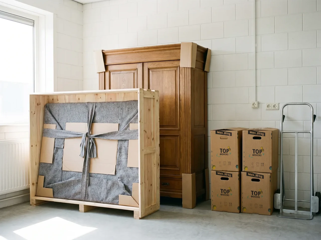 Eikenhouten kast met hoekbeschermers, een houten kist met een in dekens ingepakt stuk en verhuisdozen in een opslagruimte