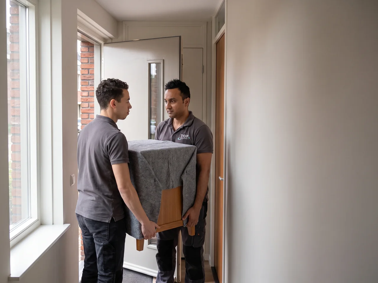 Twee verhuizers van De Bresser dragen een in een deken verpakte kast door de voordeur van een woning