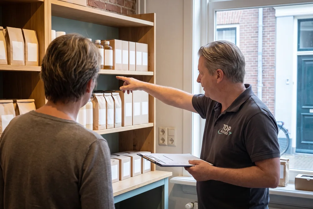 Medewerker van De Bresser loopt met de winkelier langs de schappen en wijst aan wat mee moet