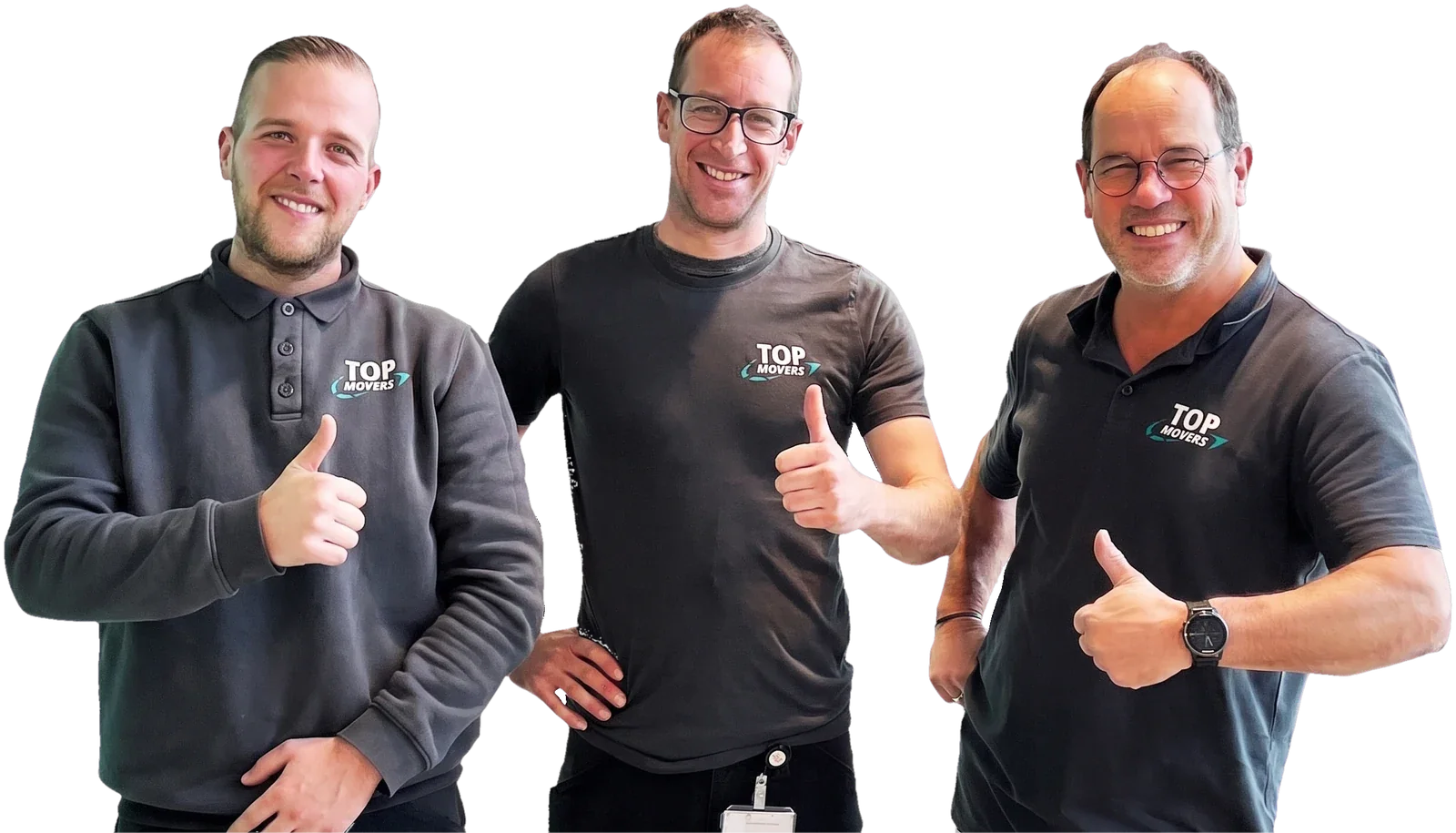 Drie verhuizers in Top Movers-shirt met de duim omhoog
